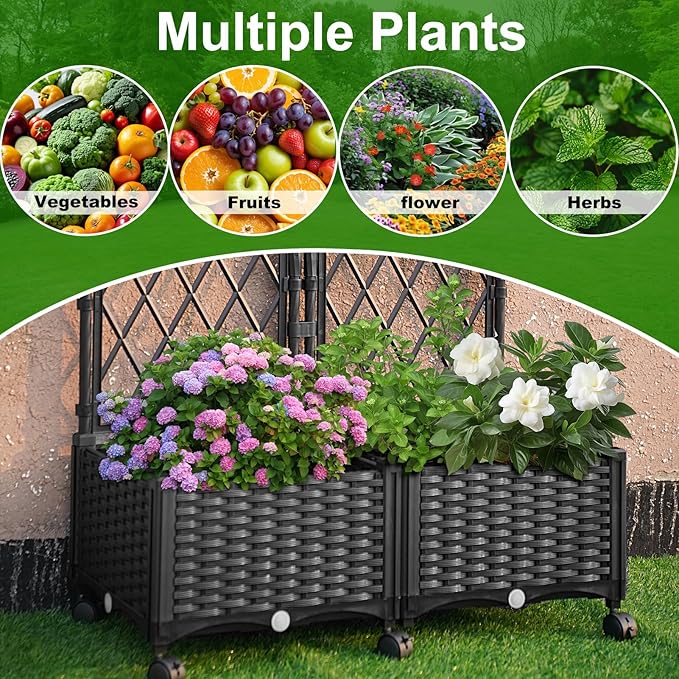 Raised Garden Beds with Screen Outdoor, Garden Trellis for Climbing Plants Indoor, Raised Privacy Planter Box with Trellis for Balcony Backyard Patio, Black, 2 Pcs