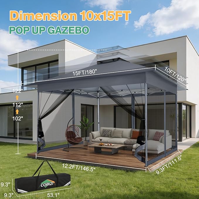 C0BIZI Gazebo 10x15 Pop up Canopy,Gazebos on Clearance-Canopy Tent with Mosquito Netting for Lawn,Garden,Backyard & Patio-Outdoor Tent-Water Resistant and UPF50+ (Gray)
