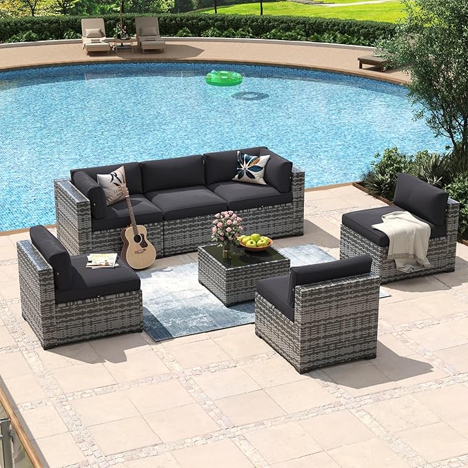 Aoxun 7 Piece Patio Furniture Set Wicker Rattan Patio Conversation Set Outdoor Sectional Sofa Set with Coffee Table and Thickened Cushions, Grey/Black(Waterproof Cover Included)