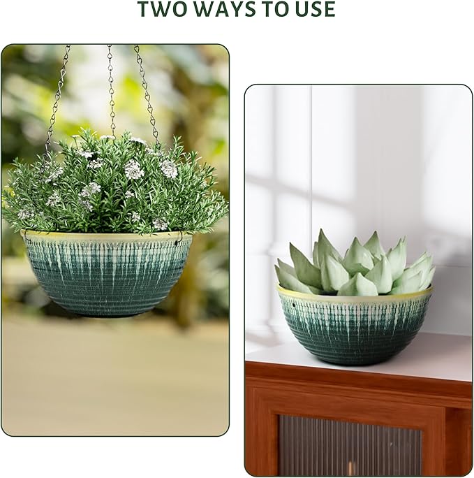 10inch Hanging Planter, 2 Pack Hanging Planters for Indoor and Outdoor Plants, Glazed Hanging Plant Holder with Drainage, Indoor Hanging Flower Pots for Garden Home (Green Glaze)