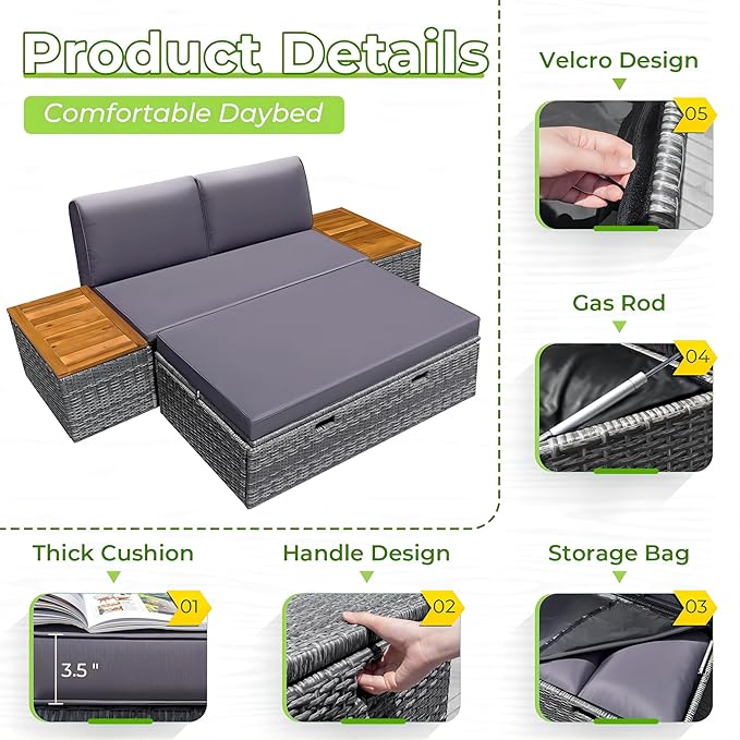 Greesum Outdoor Daybed Set Multifunctional Wicker Lounge Bed Furniture with Two Side Tables, Cushions, Storage Bench for Porch Lawn Patio Beach, OneSize, Gray