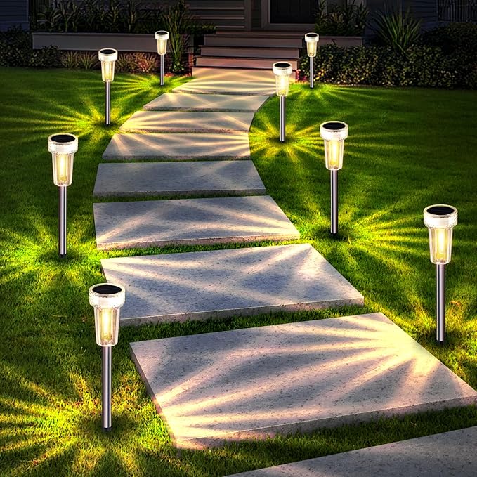 Mancra Solar Lights Outdoor Waterproof, 8 Pack Stainless Steel Tungsten Bulb Solar Pathway Lights Waterproof Garden Decor for Path Yard Lawn Walkway Driveway
