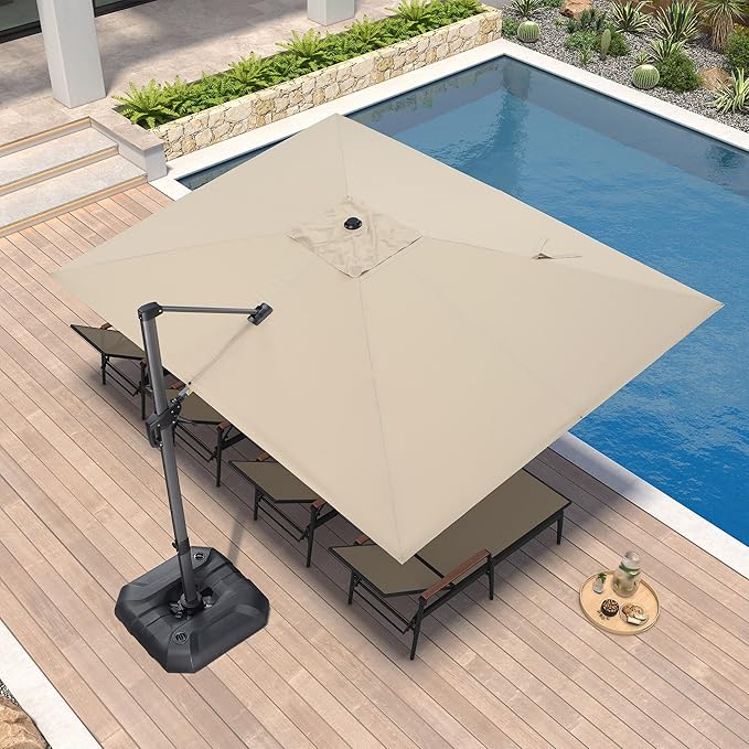 PURPLE LEAF 9'×11.5' Cantilever Patio Umbrella with Base Rectangle Offset Outdoor Umbrella Cover with Zipper for Garden Deck Pool Beige