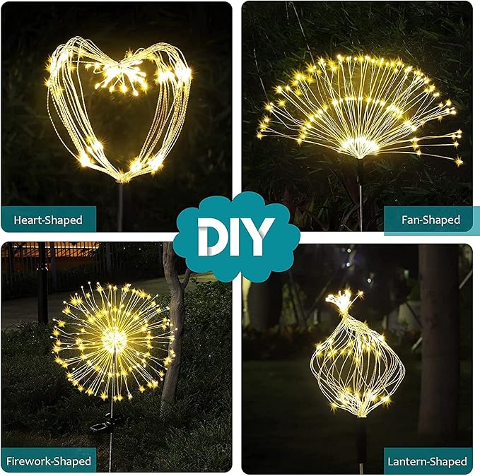 JJGoo Solar Firework Lights, 2 Pack 180 LEDs 2 Lighting Modes Solar Lights Outdoor Waterproof for Garden Patio Walkway Pathway Party Wedding Christmas Decorative - Warm White