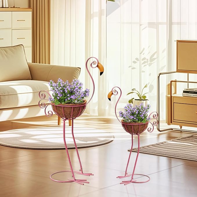 Metal Flamingo Planter with Basket -Garden Bird Planters for Outdoor Indoor Lawn,Yard,Porch,Patio, Garden Decorations（Set of 2）