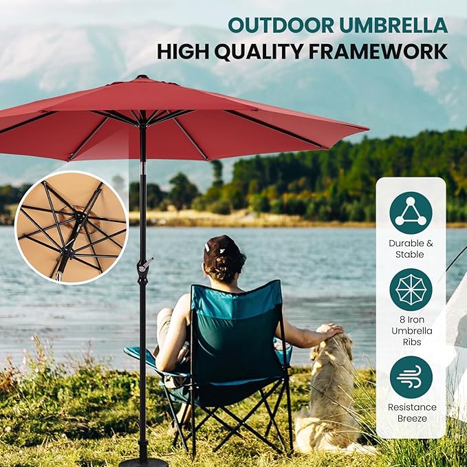 OLIXIS 9ft Patio Umbrella with Tilt and Crank Button & 8 Sturdy Ribs Waterproof, Patio Table Umbrella Perfect for Poolside, Terrace, Beach and Outdoor Restaurant, Red