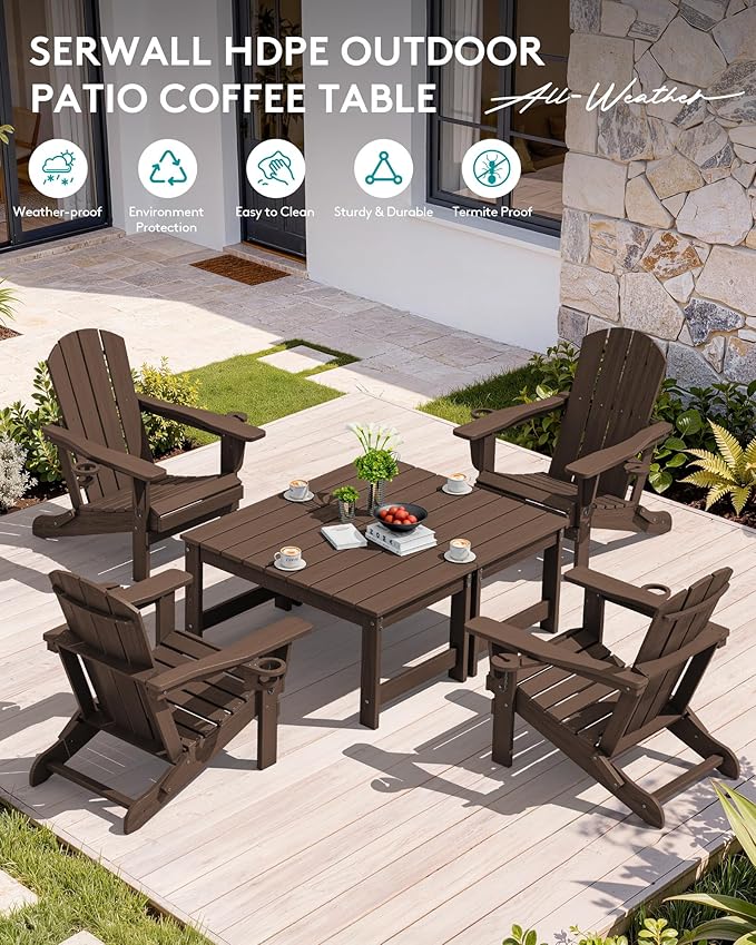 SERWALL Outdoor Coffee Table with 1.69" Umbrella Hole, HDPE Patio Coffee Table for Outside, Rectangle, Coffee