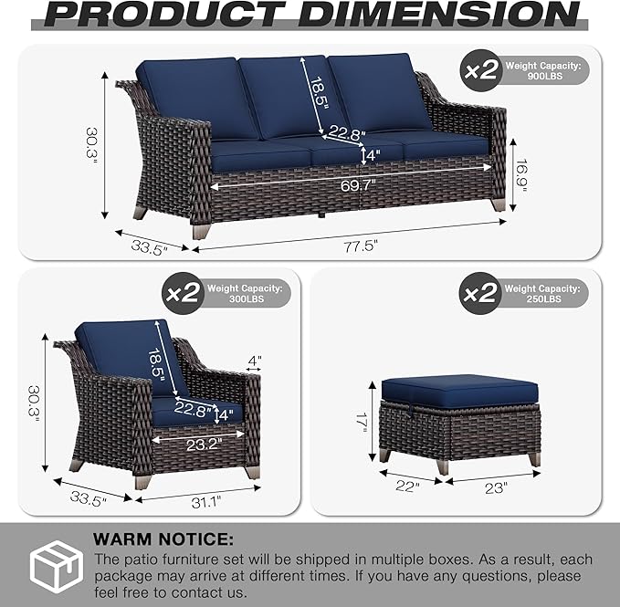 Joyside Wicker Patio Furniture Sets, 6 Pieces Upgraded Large Size Outdoor Furniture with Swivel Rocking Patio Chairs, Two 3-Seat Sofa, Outdoor Ottoman, Thick Cushions, Wide Armrest, Blue