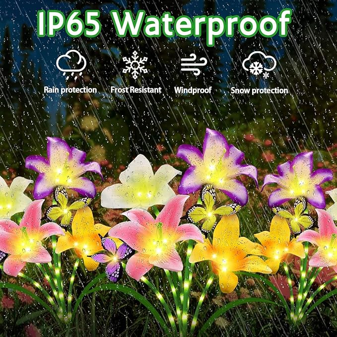 6 Pack Solar Garden Lights LED Solar Lilies Flower Lights, Yard Patio Pathway Decoration High Flexibility Copper Wire Handmade Silk Artificial Flowers Never Wither, Gift for Family, Friends