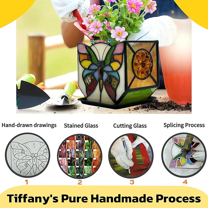 Handcrafted Stained Glass Butterfly Planter, Cute Planters for Indoor Plants,Decorative Indoor Flower Pot, Cactus Pot, with Drainage,Home Garden Decor