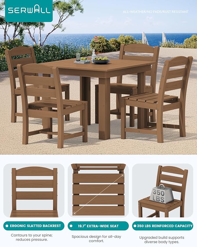 SERWALL Outdoor Dining Set for 4, HDPE Square Table and Chairs Set All Weather Patio Dining Set with 4 Armless Chairs for Patio, Brown