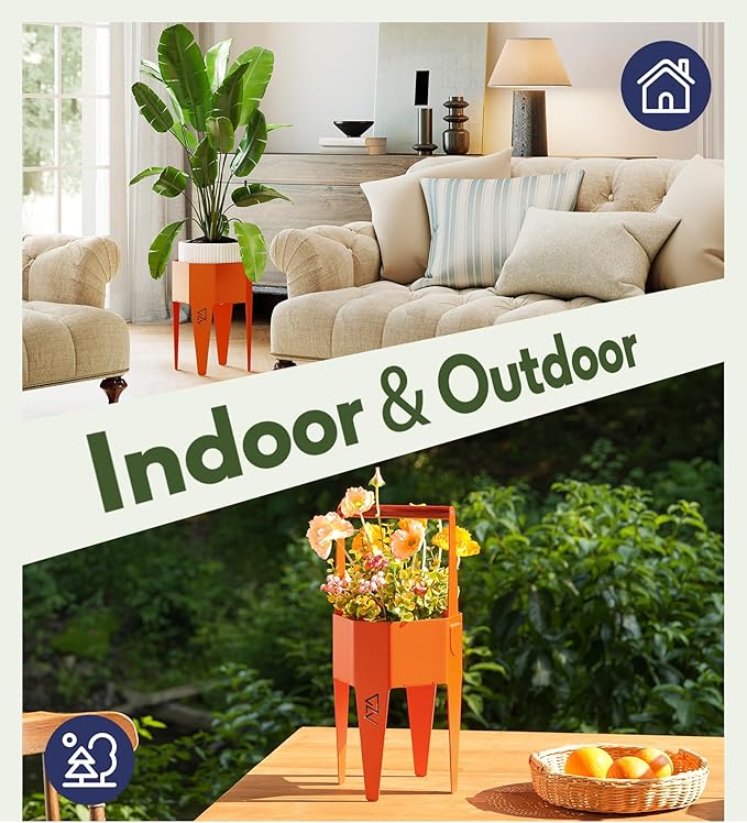 Planter with Stand, Metal 2 in 1 Portable Planter with Grow Bags & Handle, Stable Stylish Indoor Plant Pots with Stand, Modern Plant Stand Indoor, 7.5'' x 17.3'', Orange, Plant Not Included