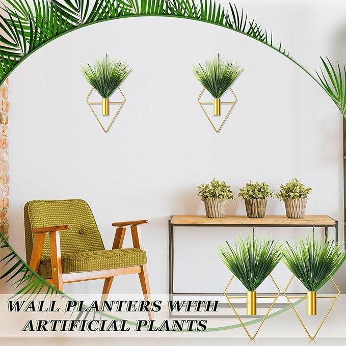 2 Pieces Gold Wall Decor Hanging Planters with Artificial Plants Metal Vase Indoor Plants Holder Modern Geometric Wall Art for Home Bathroom Bedroom Living Room Office(Aquatic Plant,Small)