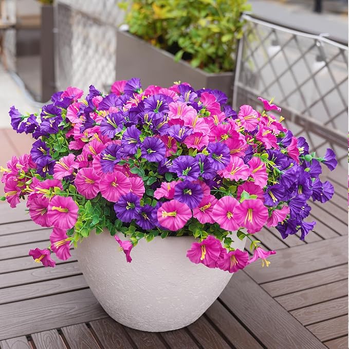 Artificial Flowers for Outdoors, UV Resistant Fake Silk Morning Glory, Realistic Faux Plants for Outside Porch Patio Window Box Hanging Planter (12, Purple Fuchsia)