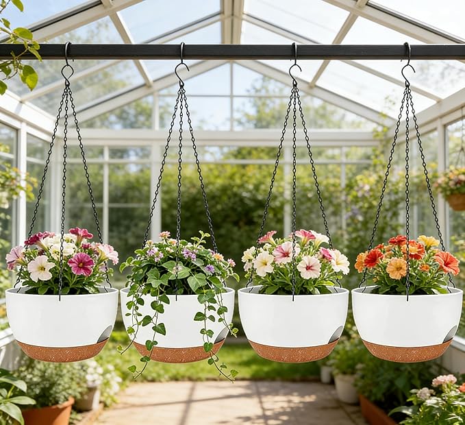 Set of 2-8 Inch Self Watering Hanging Planters for Indoor Outdoor，Hanging Plant Pots with Drainage & Removable Tray, Hanging Pots Holder for Ivy, Pothos, Ferns, Balcony & Patio, White Brown