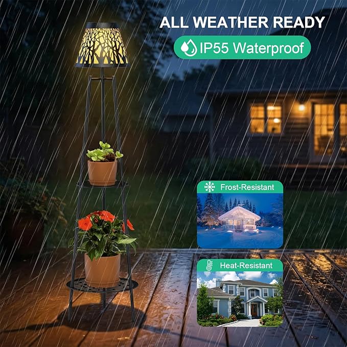 2 Pack 45.5'' Outdoor Floor Lamps with 2 Tier Plant Stand, Solar Powered Metal Waterproof Lights for Patio Deck Yard Garden Porch Decor