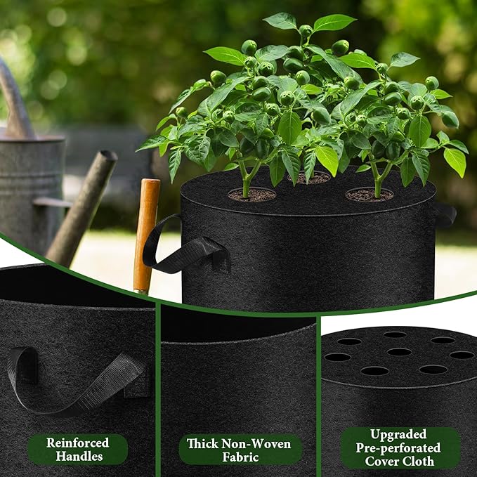 3 Pack 10 Gallon Grow Bags with Planting Holes, Planting Bags, Plant Grow Bags, Fabric Grow Bags, Heavy Duty Thickened Nonwoven Fabric Gardening Vegetable Growing Bags with 3/5/8 Planting Holes