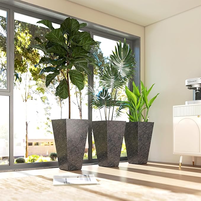 Outsunny 28 Inch Tall Planters for Outdoor Plants, Set of 3 Plastic Flower Pots with Marble Finish and Drainage Holes, Stackable Tapered Large Planters for Indoor Plants, Front Porch Decor, Black