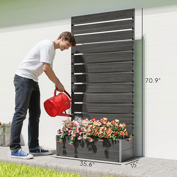 Outsunny Raised Garden Bed with Trellis for Climbing Plants, Planter Box with Self Draining Gap, Freestanding Trellis Planter for Outdoor, Patio, Deck, 35.75" x 15" x 70.75", Black