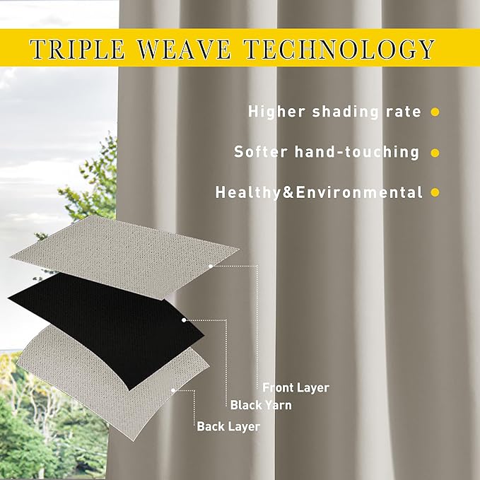 NICETOWN 2 Panels Outdoor Curtains for Patio Waterproof & Windproof, Extra Wide Grommet & Back Tab on Top & Bottom Thermal Insulated Sun Blocking Drapes with Rope for Deck, Natural, W100 x L84