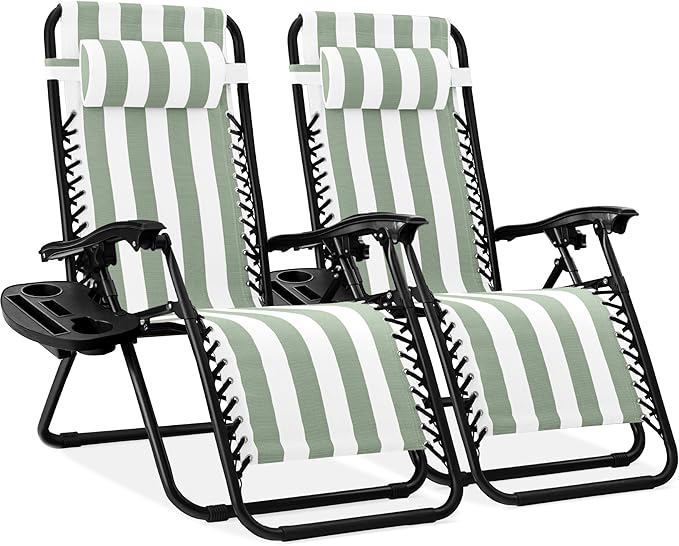 Best Choice Products Set of 2 Adjustable Steel Mesh Zero Gravity Lounge Chair Recliners w/Pillows and Cup Holder Trays - Sage Green Striped