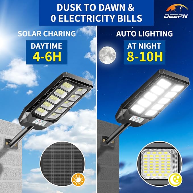 Deepn Solar Lights Outdoor, IP66 Waterproof Street Lights Outdoor, 6500K Dusk to Dawn Solar Security Flood Lights Motion Sensor with Remote Control for Yard, Entryway Garage, Porch 1 Pack