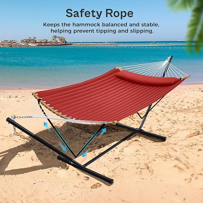 SUPERJARE Hammock with Stand, 2 Person Heavy Duty Hammock with Padded Cotton, Detachable Pillow & Strong Curved-Bar & Portable Carrying Bag, Perfect for Outdoor & Indoor, Burgundy