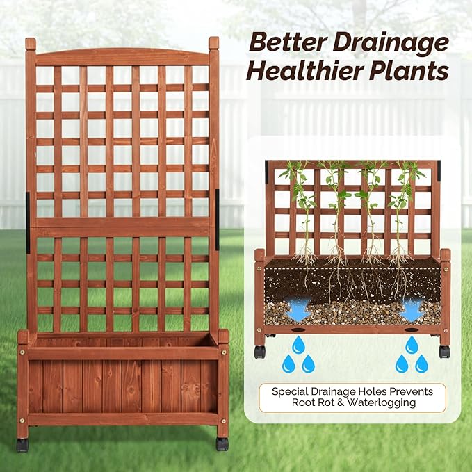 VINGLI Wooden Planter with Trellis, 50" Height Elevated Garden Beds Outdoor with Wheels, FreeStanding Planter Box with Drainage Holes for Flower, Vegetable, Fruit, Herb in Garden, Patio, Balcony (1)