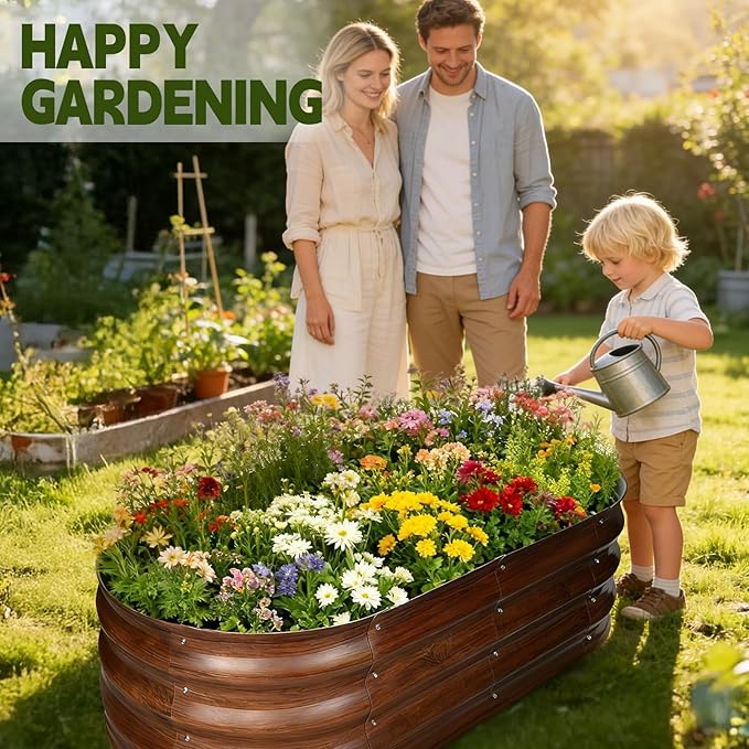 Galvanized Raised Garden Bed Outdoor, Large Raised Bed for Gardening, 2Pcs 4x2x1ft Oval Metal Planter Box for Vegetables, Fruits, Flowers, Dark Brown Wood Grain