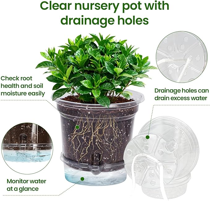 MIXC 18 Packs 6.5/5/4 Inch Self Watering Pots for Indoor Plants - Clear Nursery Plant Pots with Drainage, Deep Visible Reservoir - Flower Planter Outdoor with Wicking Rope