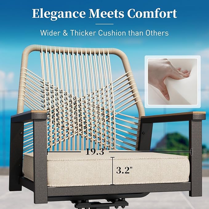 Patio Dining Set 7 Piece, 4 Woven Rattan Fixed Chairs and 2 Swivel Chairs with Waterproof Cushion, 59" Rectangular Metal Table with Umbrella Hole, Outdoor Table Set for Backyard Lawn Deck, Beige