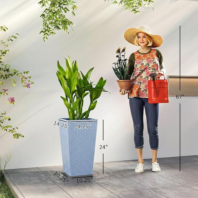 Outsunny Tall Planters for Outdoor Plants Set of 3, 24 in Taper Planters with Drainage Holes, Rattan Decor Plant Pots for Indoor Outdoor Front Porch Patio Backyard, Light Gray