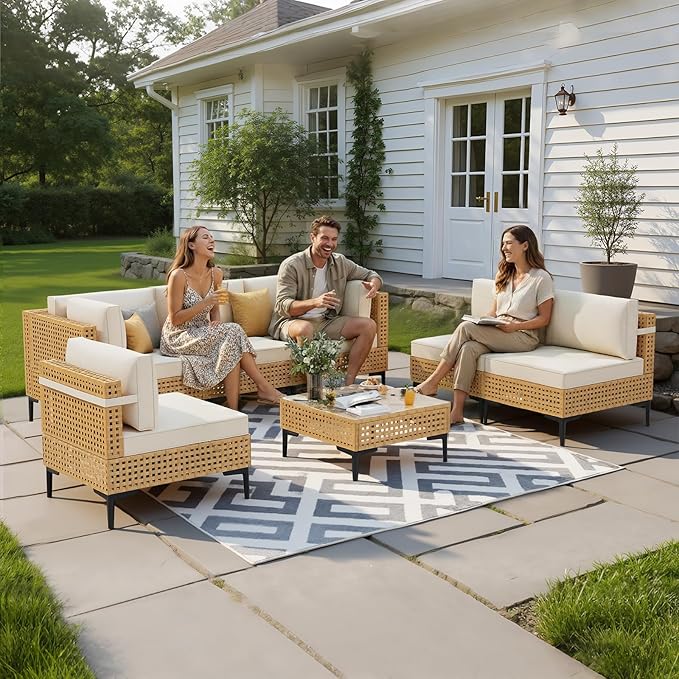 ABCASA Patio Furniture Set, 110" Large 7-Piece Wicker Outdoor Patio Furniture Sets with Anti-Slip Cushions & Coffee Table,Boho Patio Conversation Set Sectional Sofa for Backyard,Porch,Beige