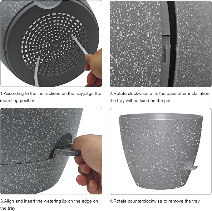 12 Inch Large Self Watering Pots, Flower Pots with Multi-Mesh Drainage Holes and Saucer, Planters for Indoor and Outdoor Garden Plants (Speckled Grey)