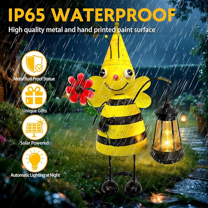 Garden Decor Bee Solar Statues,Unique Garden Statues Bee with Solar Lantern Waterproof, Birthday Gifts for Women Mom Grandma, Front Patio Balcony Yard Art Lawn Ornaments Porch Outdoor Decoration