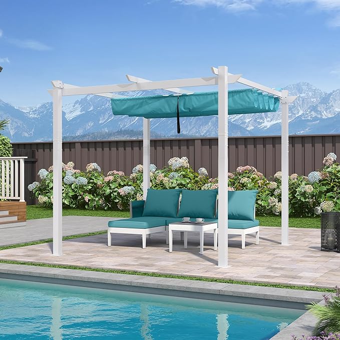 PURPLE LEAF 10' x 10' Outdoor Aluminum Pergola White Heavy-Duty Retractable Pergola Patio Metal with Double Sun Shade Canopy for Backyard Gardens Deck, Blue