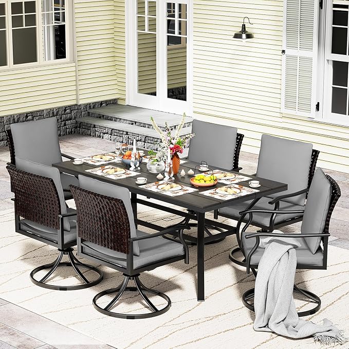 LEVELEVE 7 Piece Outdoor Patio Dining Set with 6 Swivel Dining Chairs & 1 Large Round Dining Table,Bistro Furniture Set for Lawn, Garden, Deck, Backyard and Porch