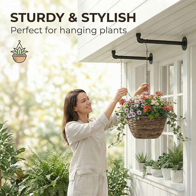 2 Pack Black Metal Pipe Plant Hanger Indoor with Hanging Chains, Industrial Window and Wall Mounted Hanging Rod Planter for Plants, Pots/Plants Not Included