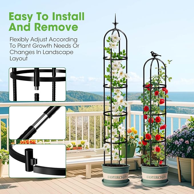 2026 Updated Garden Obelisk Trellis for Climbing Plants Outdoor, 6.3 FT Tomato Cage, Rose, Flowers, Grape, Pea, Cucumber Trellis, Rustproof Plastic Coated Metal Plant Support Trellis for Potted Plants