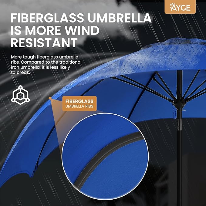 Ayge 9FT Large Outdoor Patio Umbrella Market Table Umbrella-UV Resistant, Easy Push Button Tilt and Crank, 8 Sturdy Fiberglass Ribs Heavy-Duty Pool Umbrella for Deck, Backyard,Garden,Blue