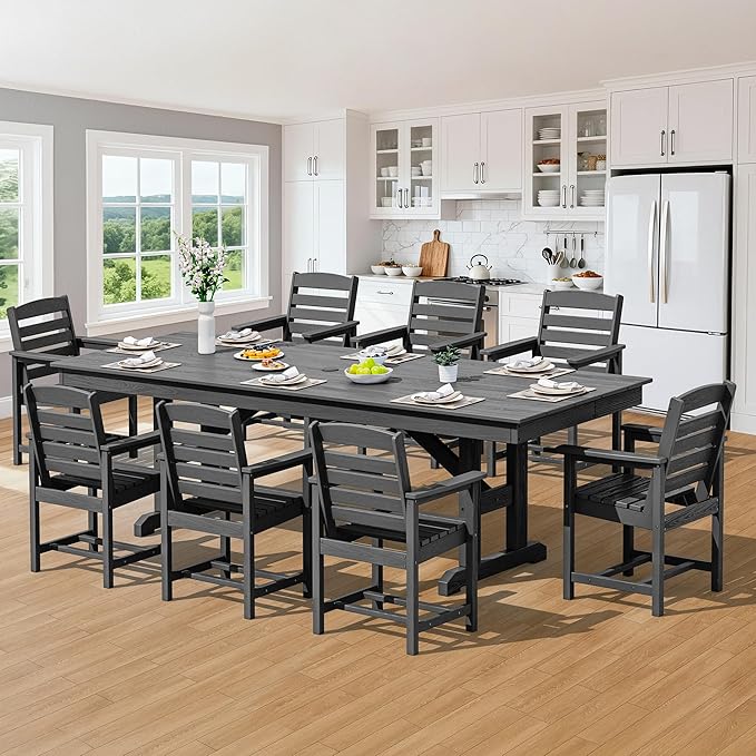 SERWALL 9 Piece Outdoor Dining Set, 84" HDPE Outdoor Large Table and Texilene Chairs for 8，All Weather Patio Dining Furniture Set with Umbrella Hole for Backyard, Garden, Black