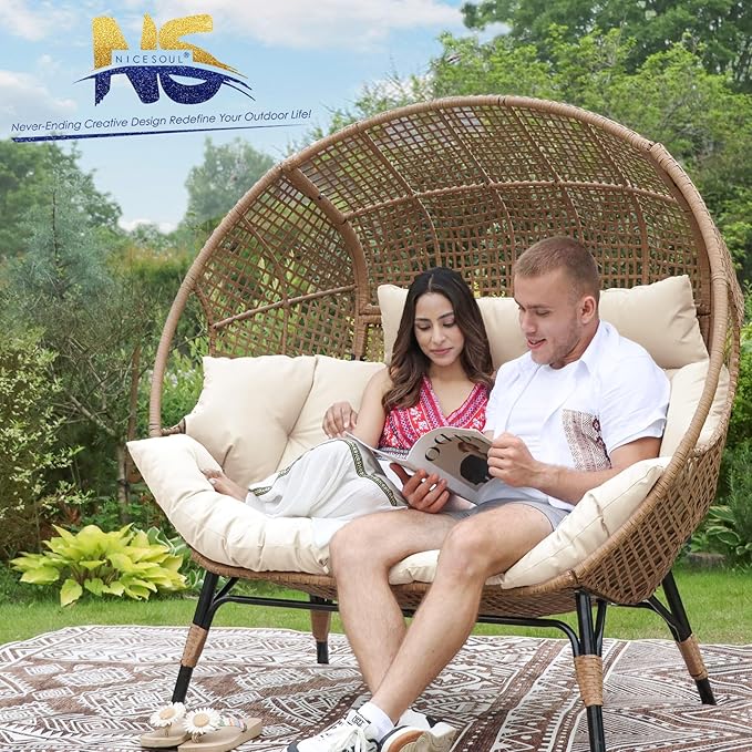 NICESOUL® Double Egg Chair Indoor Outdoor Stationary Oversized Thicken Padded Cushions,2 Person Egg Loveseat Chair,680 lbs Extra Large Lounge Chair for Patio Balcony Porch Backyard Beige with Cover