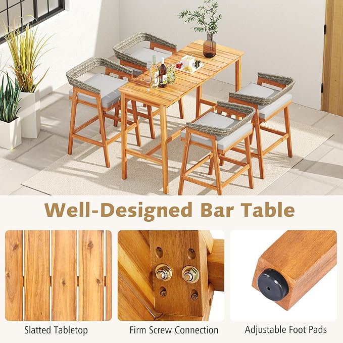 Tangkula 3 Piece Patio Bar Set, Outdoor Acacia Wood Counter Height Table with 2 Cushioned Barstools with Curved Rattan Back and Footrest, for Backyard, Poolside, Balcony