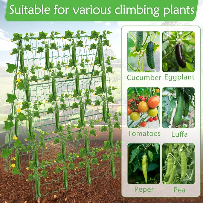 32 x 53 Inch Cucumber Trellis for Climbing Plants Outdoor A-Frame Garden Trellis for Raised Bed Detachable Sturdy Garden Plant Support Trellis for Small Plant Vegetable Flower Grape with Climbing Net