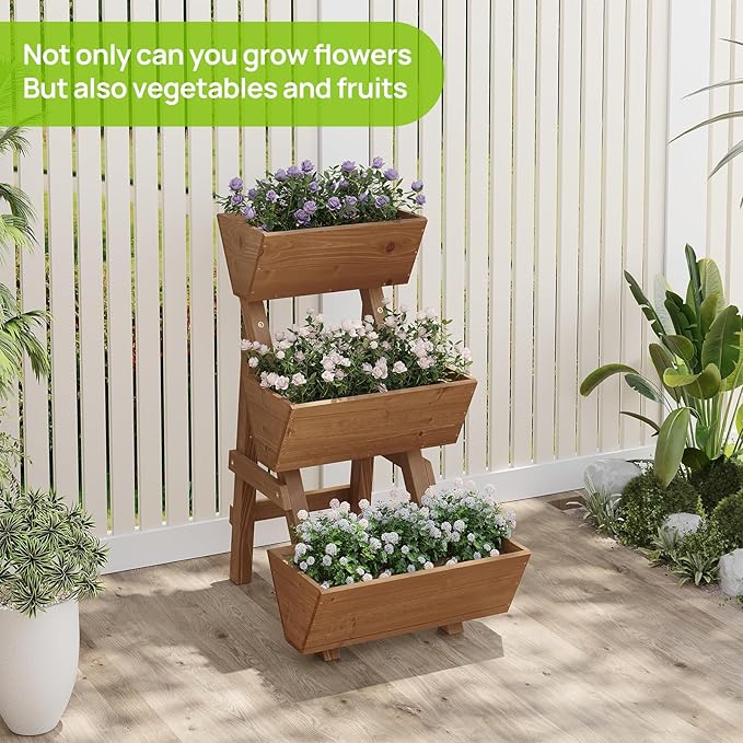 3-Tiers Wooden Raised Garden Bed Planter Box Flower Pots Vertical Garden Planter Wood Plant Stand for Vegetables Flowers Herbs for Patio, Balcony, Freestanding (Brown S)