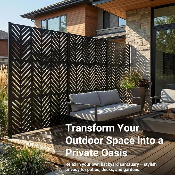 Metal Privacy Screen Outdoor – 6FT Freestanding Decorative Steel Panel with Stand, Laser-Cut Chevron Pattern Modern Privacy Divider, Rustproof & Weather-Resistant Screen for Patio, Garden & Backyard