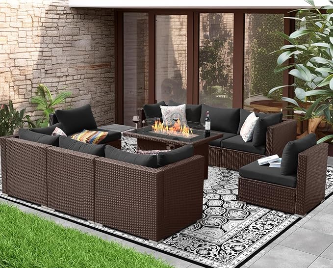 NICESOUL 9pcs Patio Furniture Set with Fire Pit Propane/Gas, 29.3'' High Back Modern Comfy Outdoor Conversation Set, Extra Wide Modular Sofa for Heavyweight, Brown Rattan and Dark Gray Cushion
