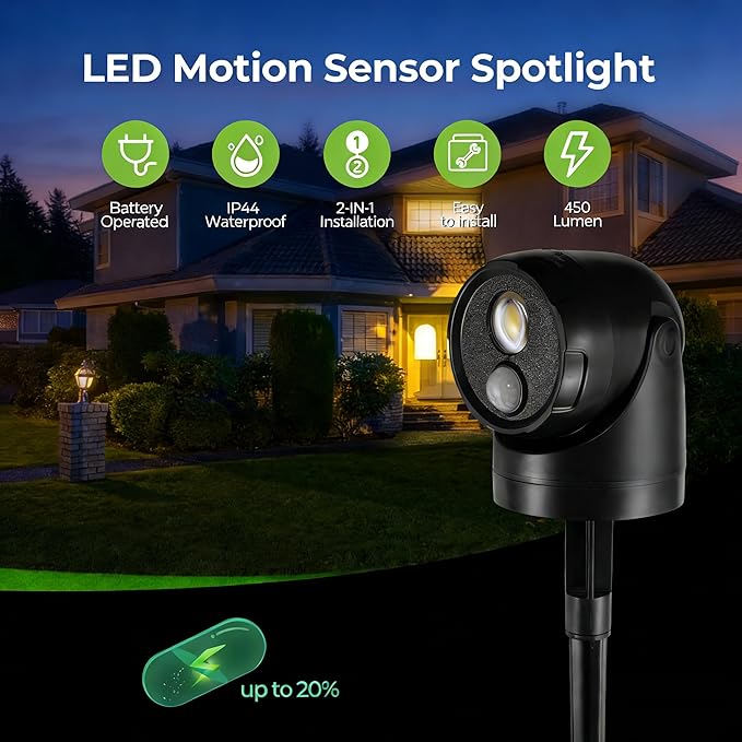 Large 2-in-1 LED Motion Sensor Outdoor Spotlight, IP44 Waterproof 450 Lumen Battery Operated Landscape Light, Adjustable Wall Light for Yard, Garden, House, 2 Pack (Black)