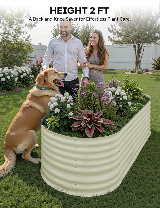 GarveeLife 6x3x2 ft Galvanized Raised Garden Bed - 24“ Tall Metal Planter Box for Vegetables, Flowers, Herbs, Rust-Resistant Outdoor Garden Box, Easy Assembly Raised Beds for Gardening, Beige