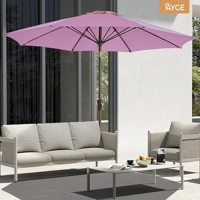 Ayge 9FT Large Outdoor Patio Umbrella Market Table Umbrella-UV Resistant, Easy Push Button Tilt and Crank, 8 Sturdy Fiberglass Ribs Heavy-Duty Pool Umbrella for Deck, Backyard,Garden,Purple